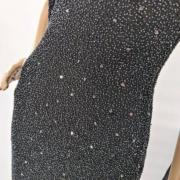 Vintage 90s Scala Silk Gown Black Beaded Sequins Off Shoulder Siren Size M - Picture 13 of 13